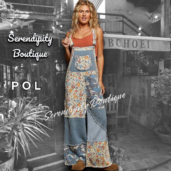 POL Boho Farm Girl Mixed Fabric Cotton Denim Floral Patch Suspender Strap Jeans - Picture 10 of 16